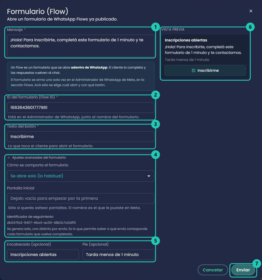 Formulario Flow completo en Chatty con mensaje, ID del formulario, texto del botón, ajustes avanzados, encabezado, pie y vista previa