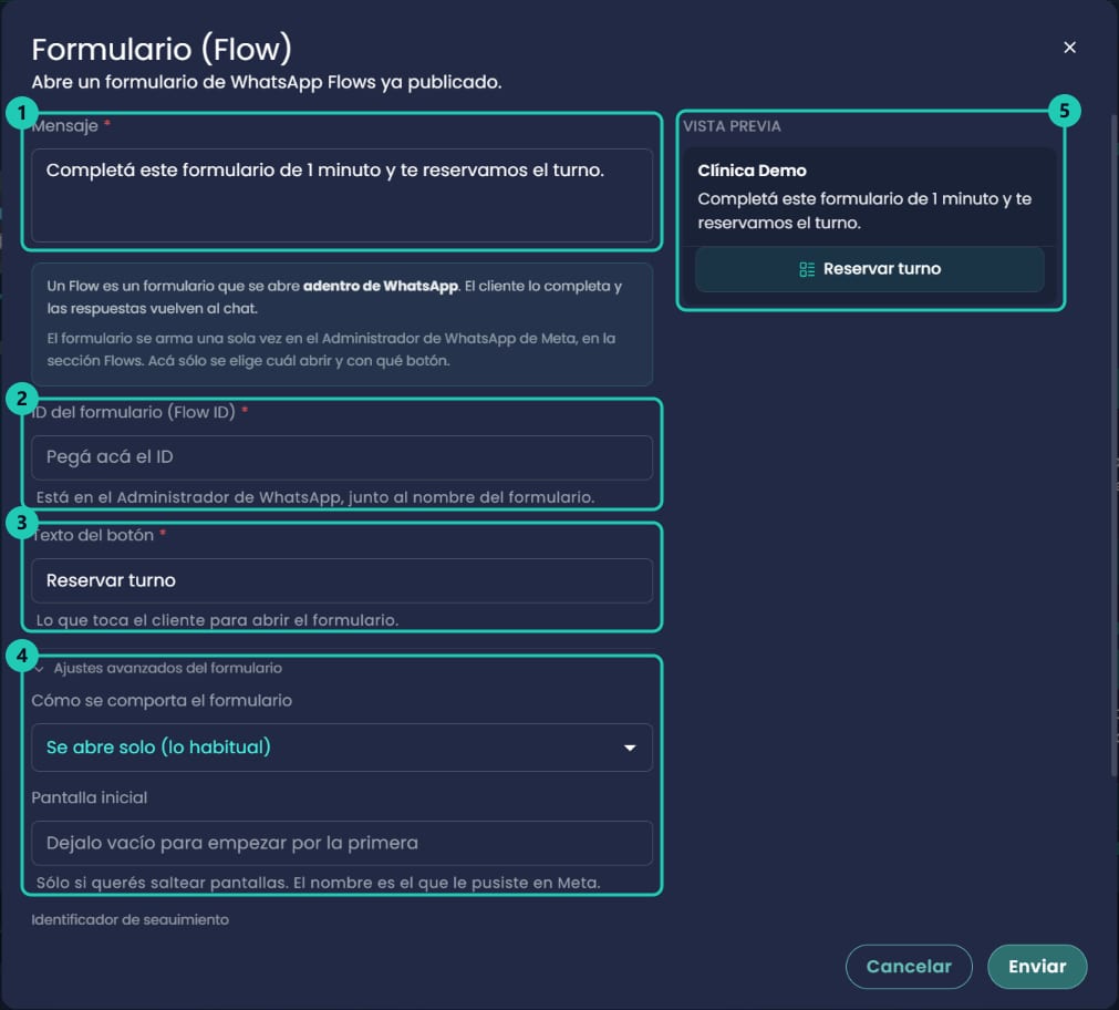 Formulario para enviar un WhatsApp Flow con mensaje, ID del formulario, botón y ajustes avanzados