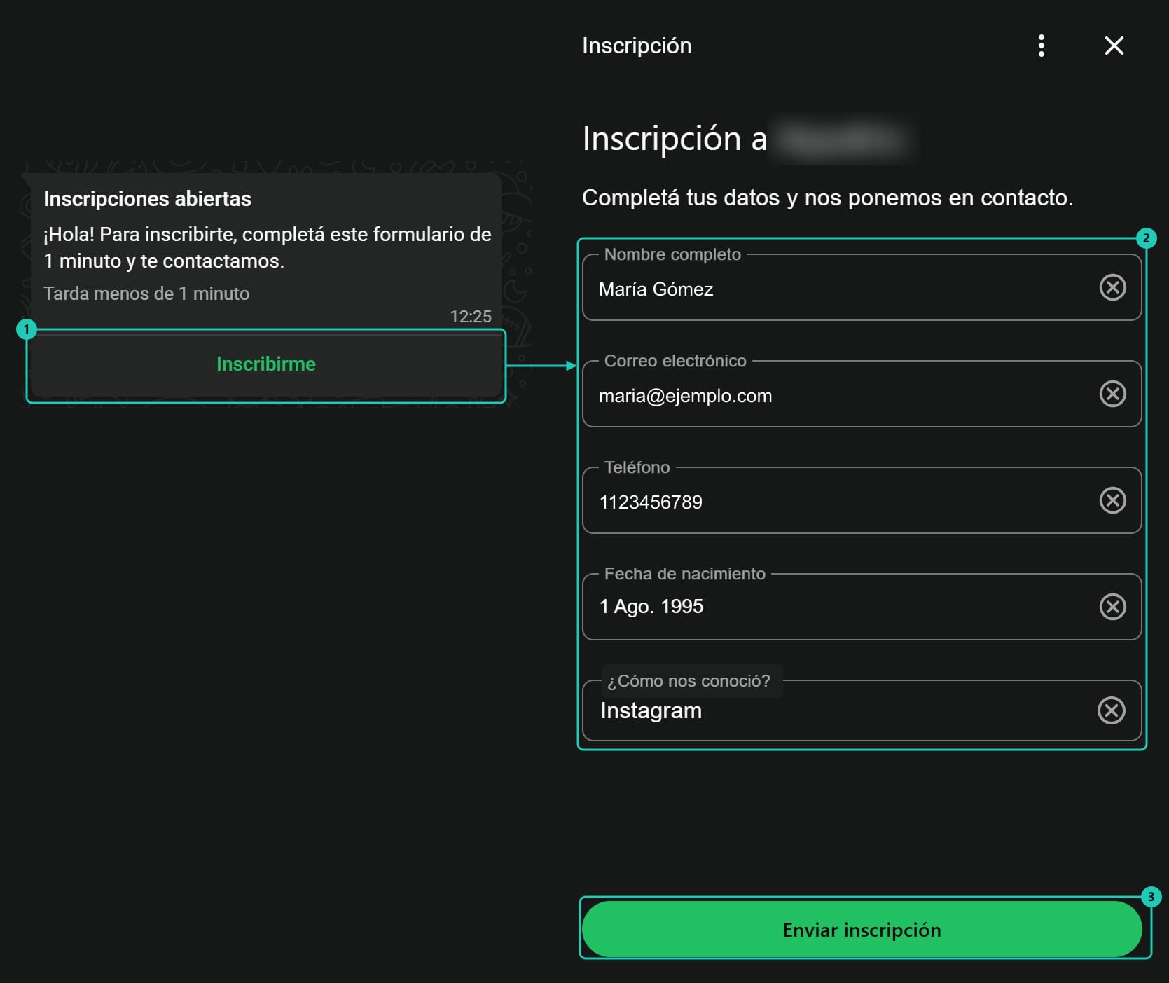 En WhatsApp, el mensaje Inscripciones abiertas con el botón Inscribirme y, al lado, el formulario abierto con nombre, correo, teléfono, fecha de nacimiento y cómo nos conoció