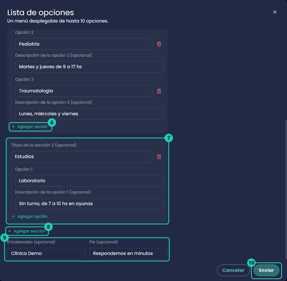 Parte inferior del formulario de lista con una segunda sección, Agregar sección, encabezado y pie