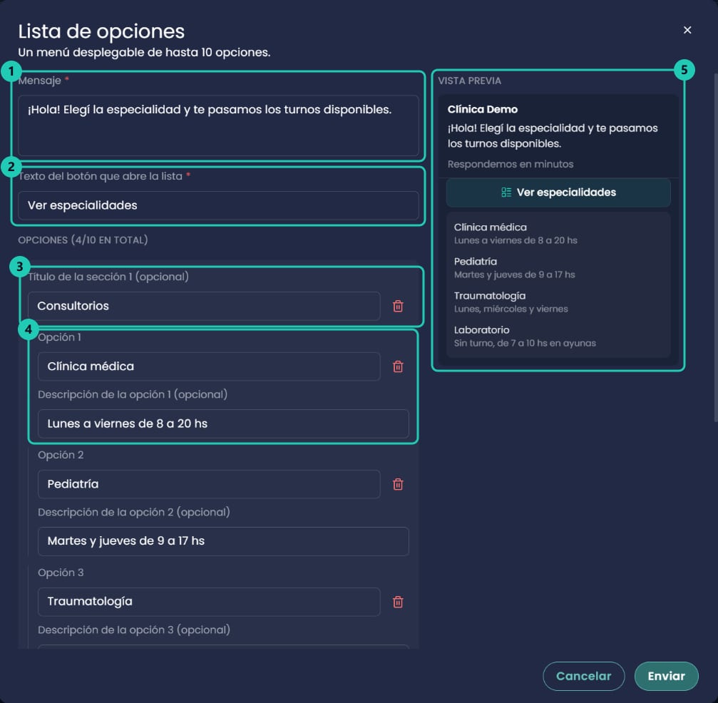Formulario Lista de opciones con mensaje, texto del botón, primera sección con sus opciones y la vista previa
