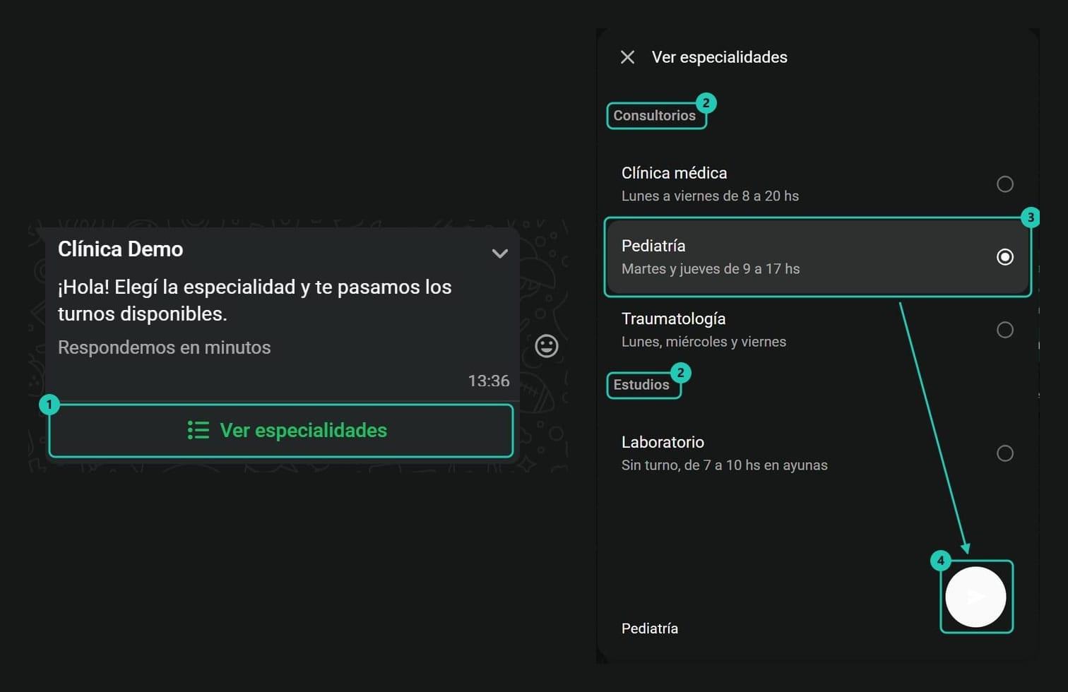 Mensaje de lista en WhatsApp con el botón Ver especialidades y, al lado, la lista abierta con las secciones Consultorios y Estudios