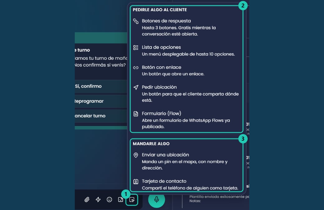 Menú de mensajes especiales abierto desde el cuadro de mensaje, con las secciones Pedirle algo al cliente y Mandarle algo