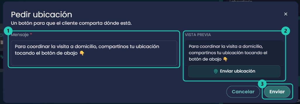 Formulario Pedir ubicación con el mensaje y la vista previa con el botón Enviar ubicación