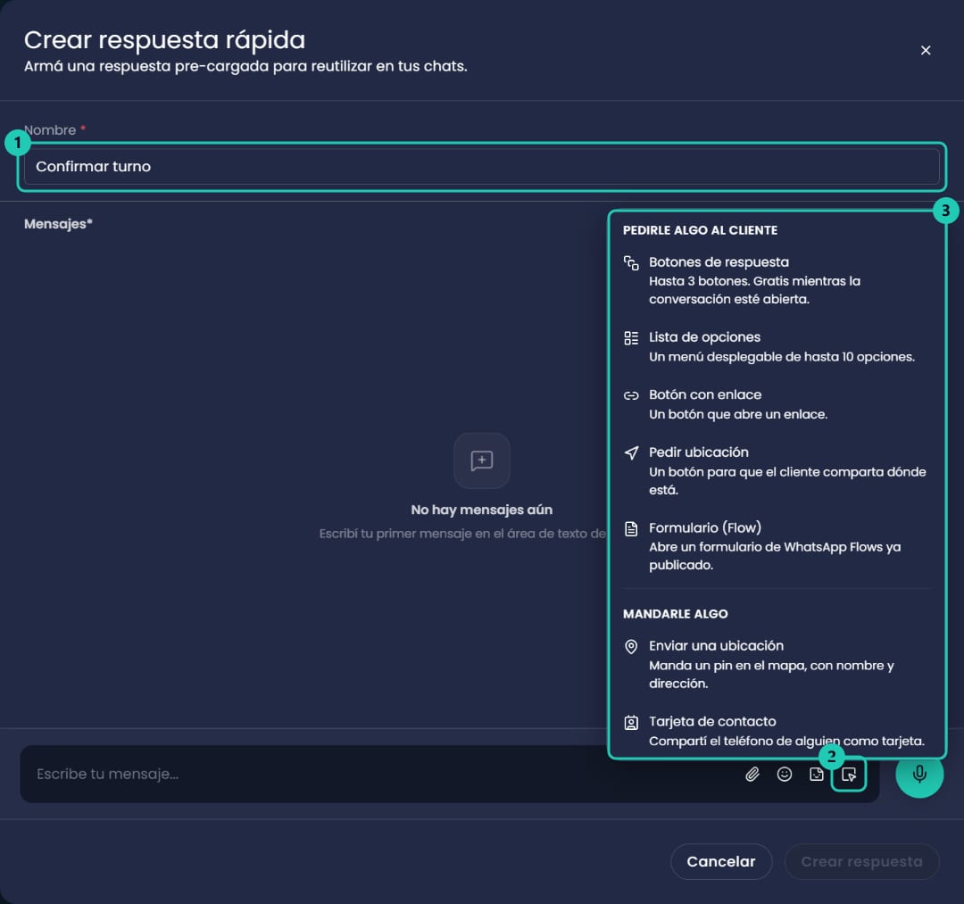Panel Crear respuesta rápida con el menú de mensajes especiales abierto desde la barra de escritura