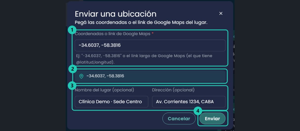 Formulario Enviar una ubicación con coordenadas, confirmación de las coordenadas leídas, nombre y dirección