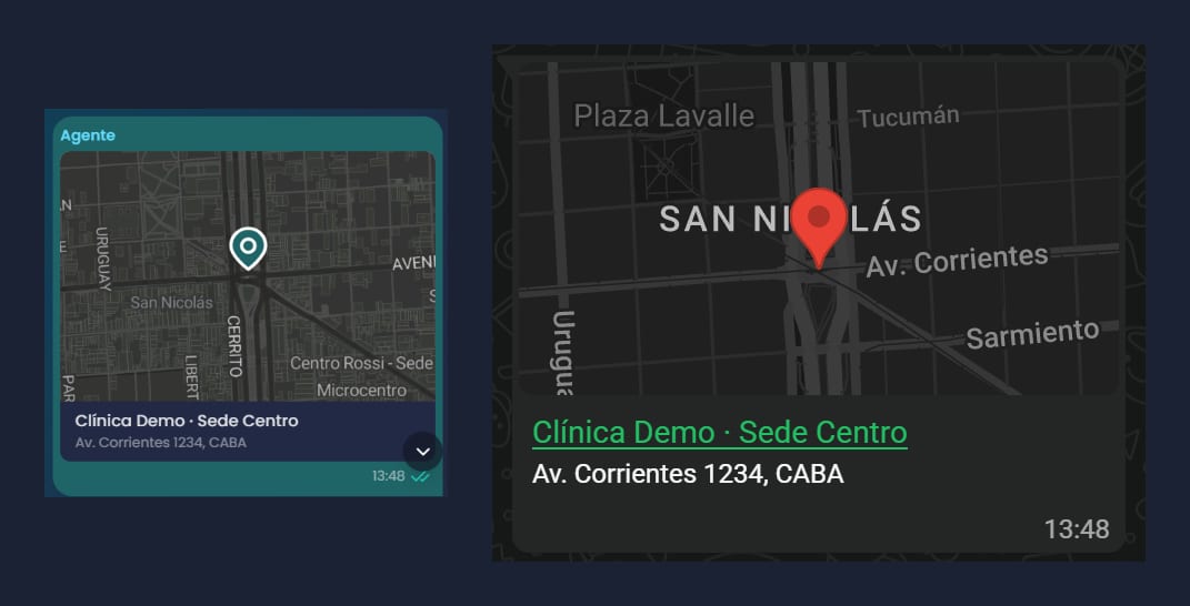 La ubicación enviada: a la izquierda la burbuja en Chatty con el mapa, a la derecha como llega a WhatsApp