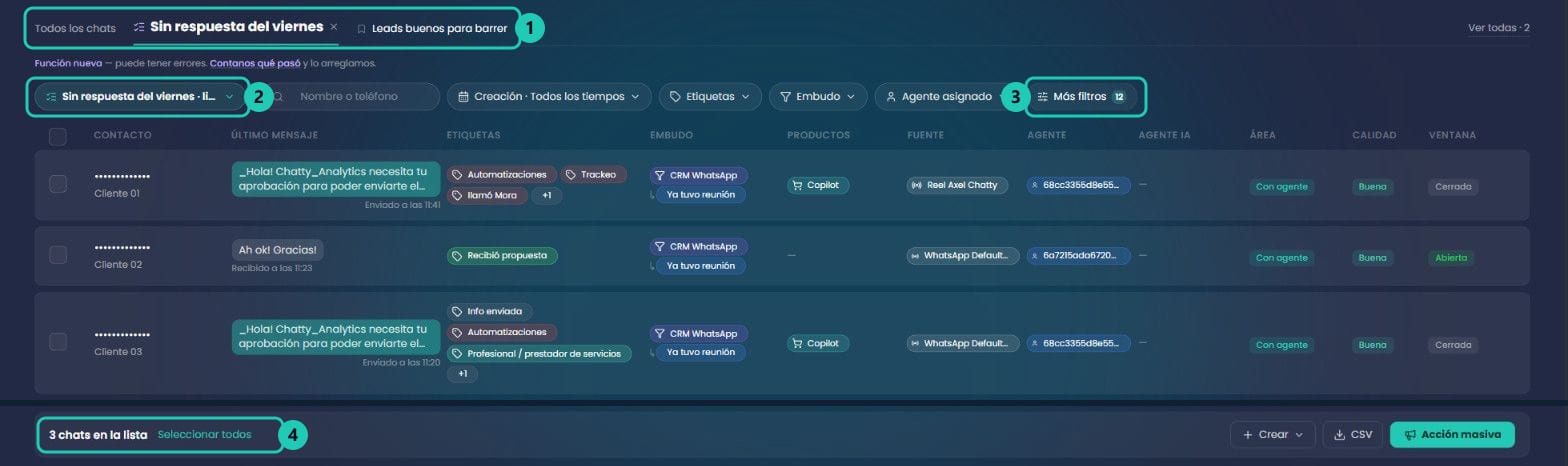 Listado abierto con su pestaña, la pastilla del listado y el contador de chats en la lista