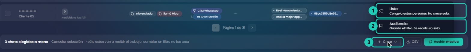 Menú Crear con las dos opciones Lista y Audiencia y su explicación