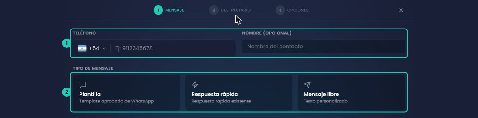 Panel de Envío único con el teléfono, el nombre opcional y los tres tipos de mensaje