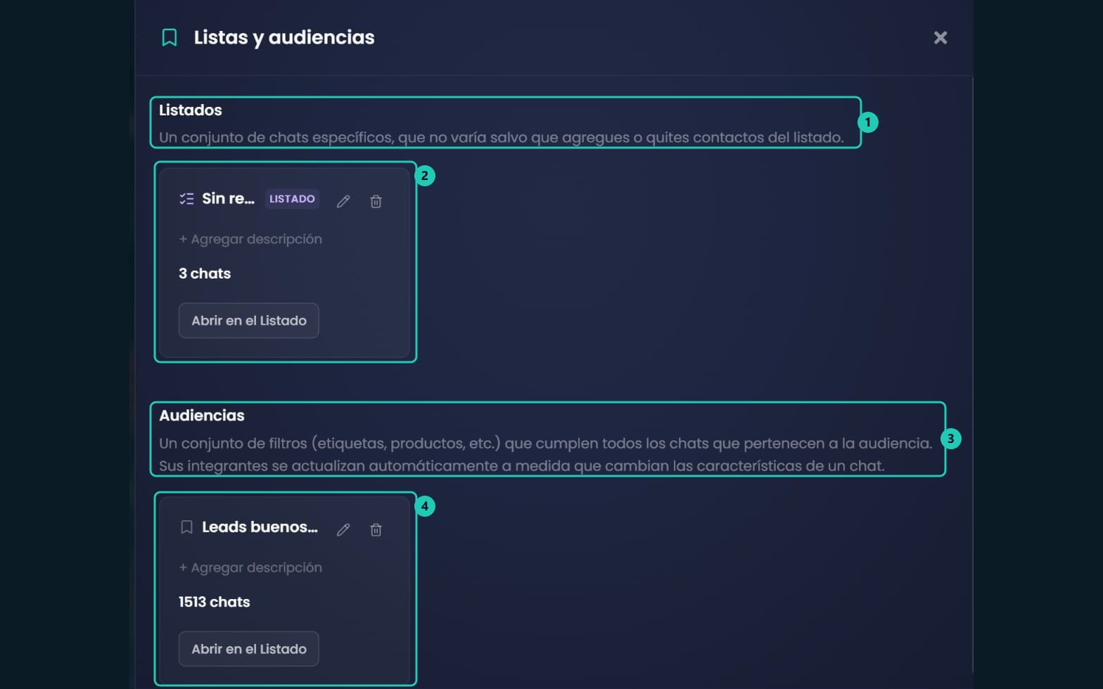 Panel Listas y audiencias con la sección Listados y la sección Audiencias, cada una con su tarjeta