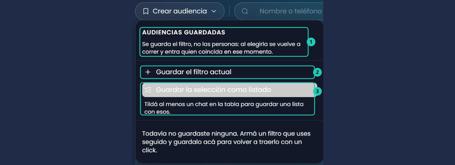 Menú Audiencias guardadas con las dos opciones Guardar el filtro actual y Guardar la selección como listado