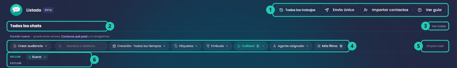 Encabezado de la Vista Listado con los accesos de arriba, las pestañas, la barra de filtros y el resumen Incluir y Excluir