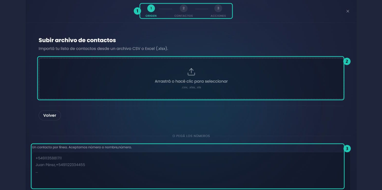 Panel de Importar contactos con la zona para subir el archivo y el campo para pegar los números