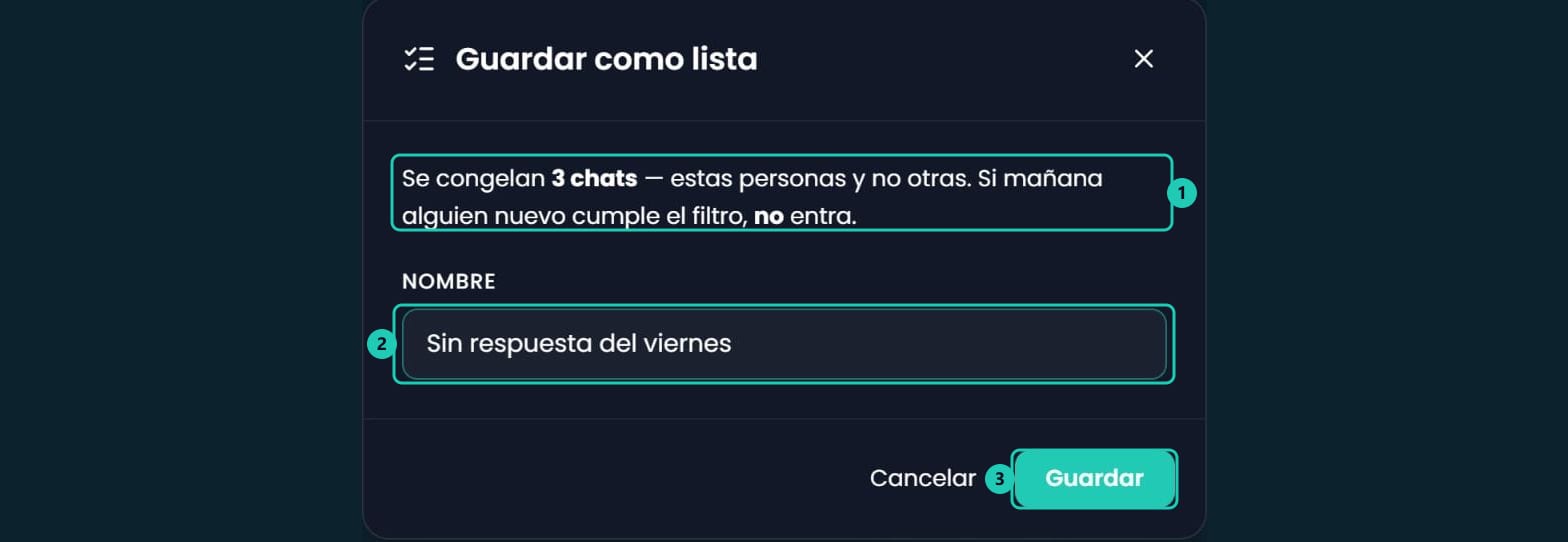 Cartel Guardar como lista con la advertencia de que se congelan los chats elegidos y el campo de nombre