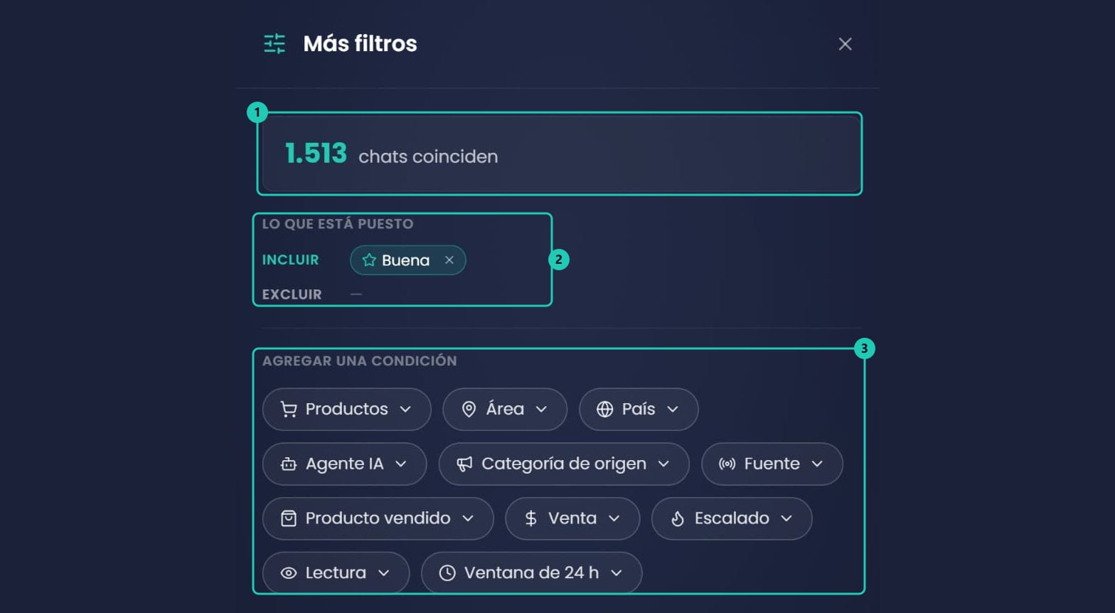 Panel Más filtros con el contador de chats que coinciden, el resumen de lo que está puesto y las doce condiciones disponibles