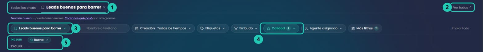 Pestañas Todos los chats y la audiencia guardada arriba de la barra de filtros