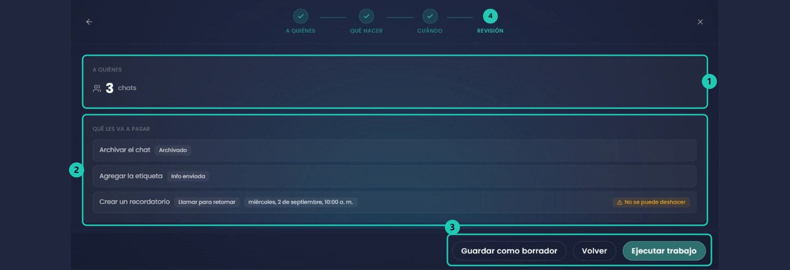 Paso Revisión con el resumen de a quiénes y qué les va a pasar, y los botones Guardar como borrador y Ejecutar trabajo