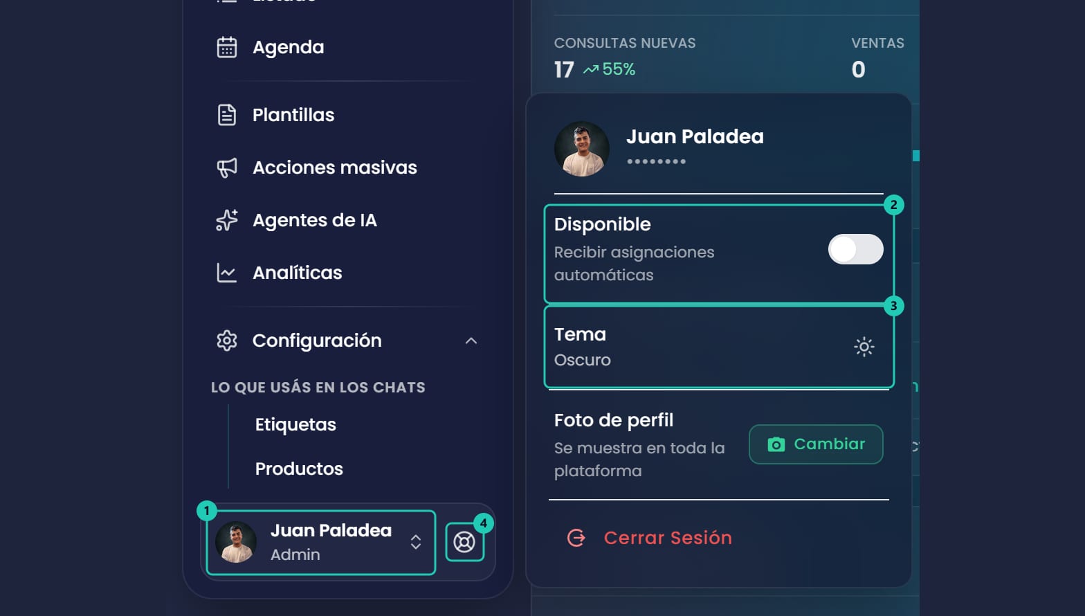 Menú de usuario abierto desde la tarjeta de la barra lateral, con Disponible, Tema, Foto de perfil y Cerrar sesión