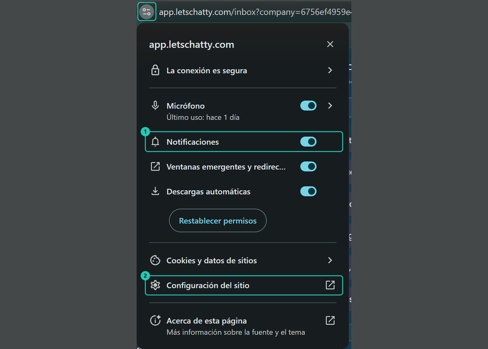 Panel de información del sitio app.letschatty.com en Chrome, con el interruptor de Notificaciones activado y la opción Configuración del sitio