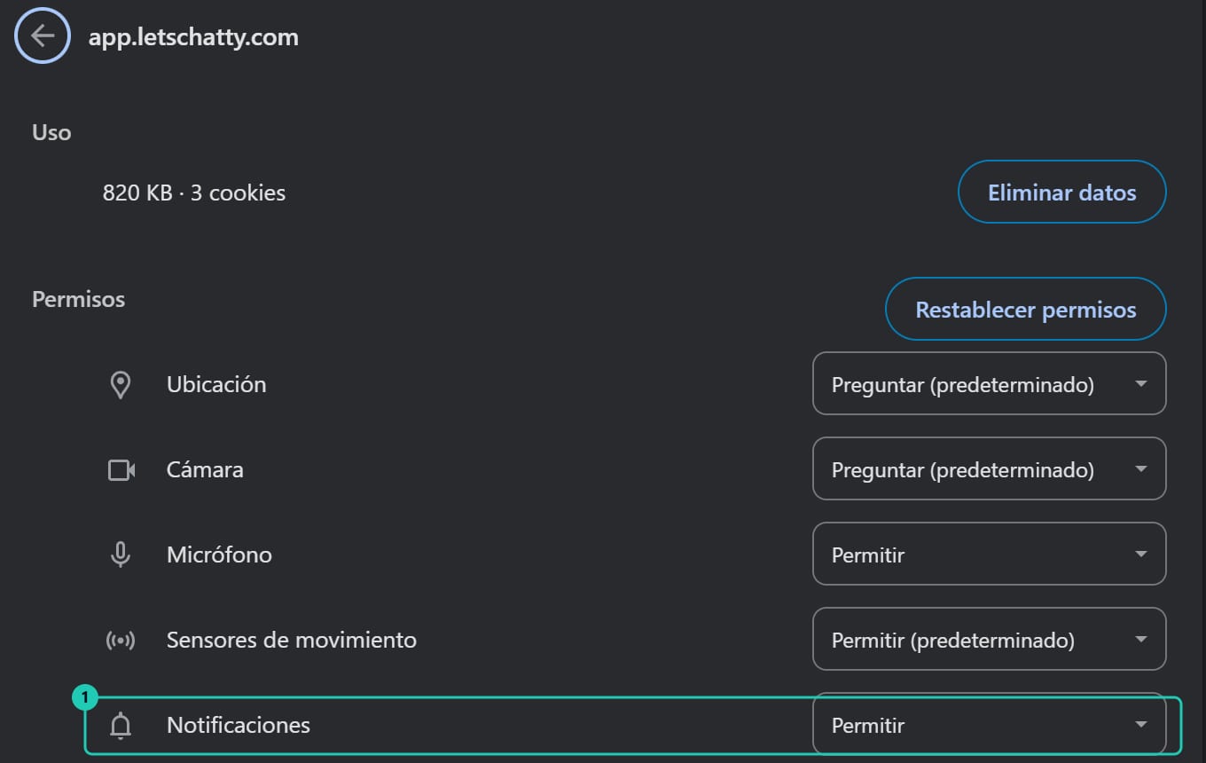 Configuración de Chrome para app.letschatty.com, con la lista de permisos y Notificaciones en Permitir