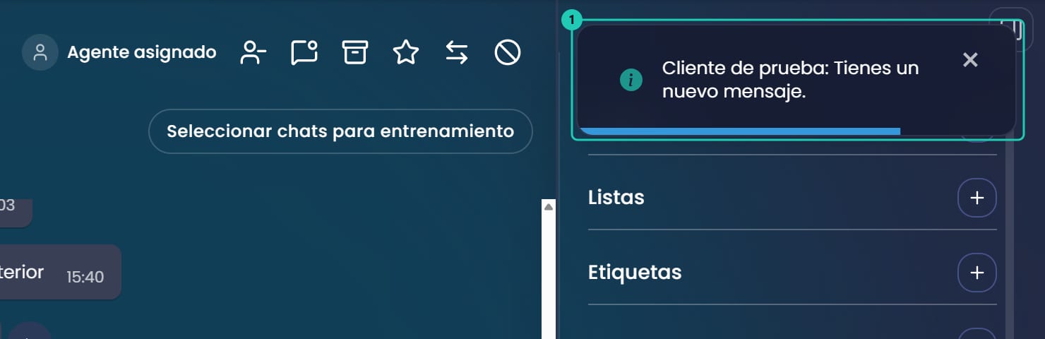 Aviso dentro de Chatty, arriba a la derecha: Cliente de prueba: Tienes un nuevo mensaje