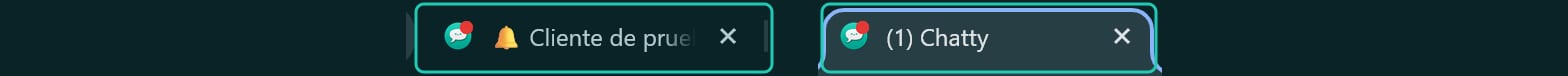 Dos pestañas de Chatty con un punto rojo en el ícono: una dice Cliente de prueba con una campana, la otra (1) Chatty