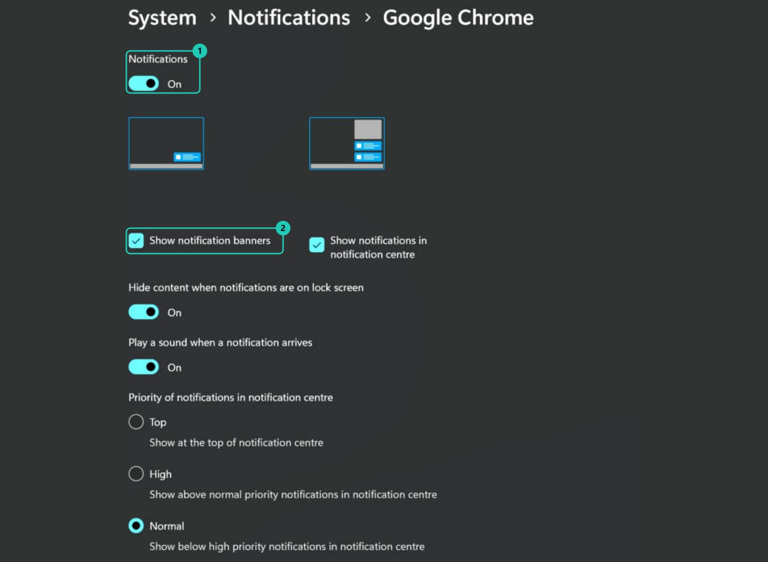 Configuración de notificaciones de Google Chrome en Windows, con Notificaciones activado y Mostrar banners de notificación tildado