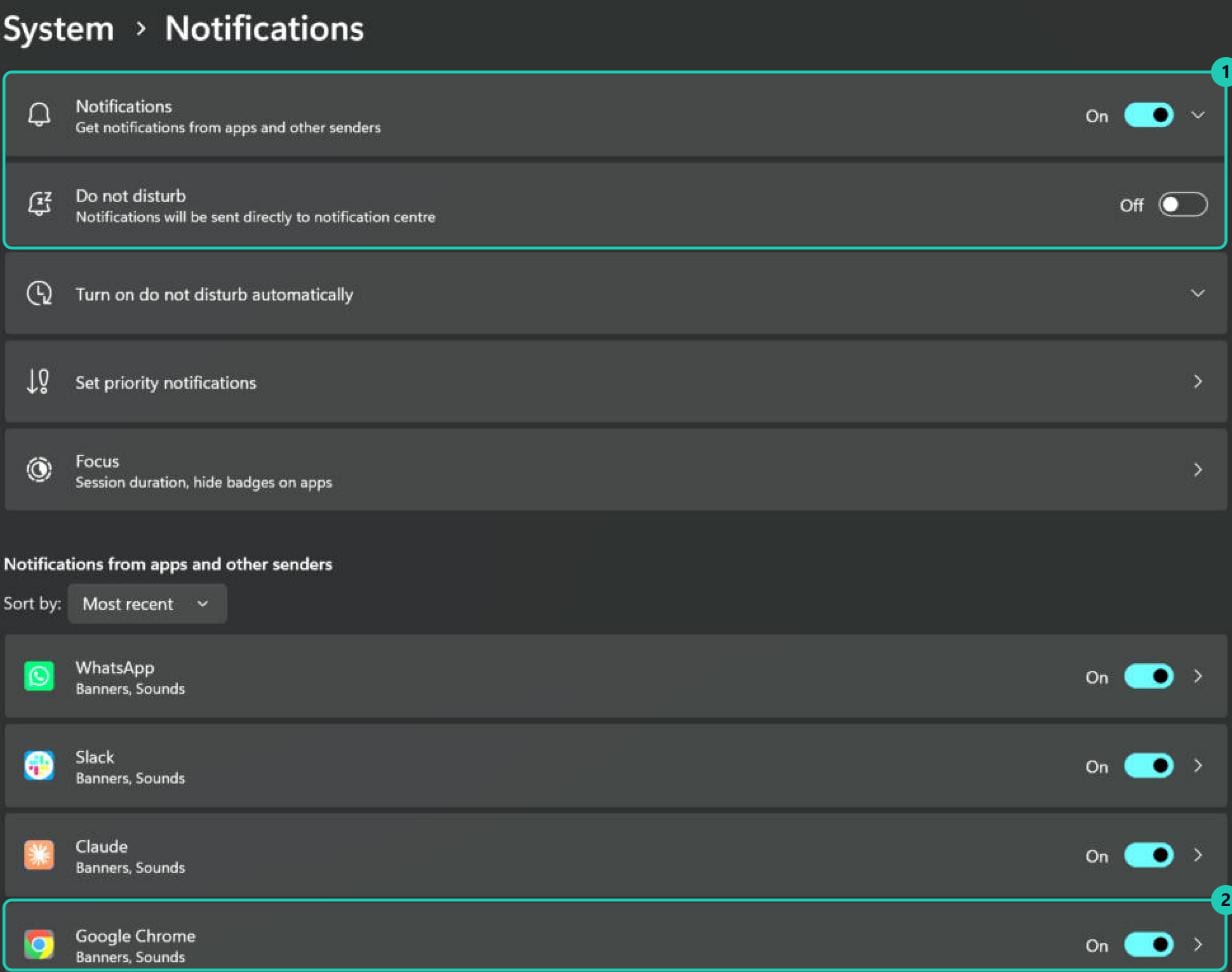 Configuración de Windows, Sistema, Notificaciones: Notificaciones activado, No molestar desactivado y Google Chrome activado en la lista de aplicaciones