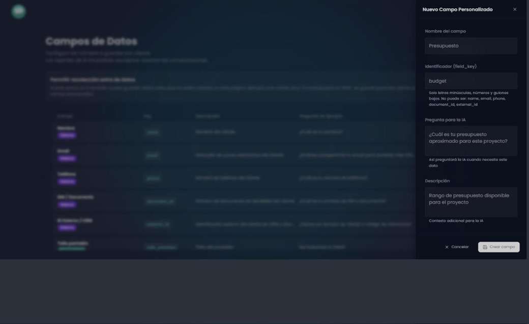 Panel Nuevo Campo Personalizado con nombre, identificador field_key, pregunta para la IA y descripción