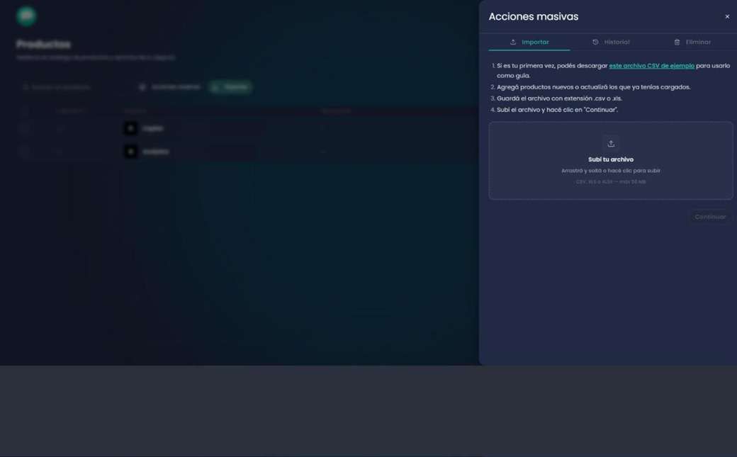 Panel Acciones masivas de Productos con las pestañas Importar, Historial y Eliminar y la zona para subir el archivo