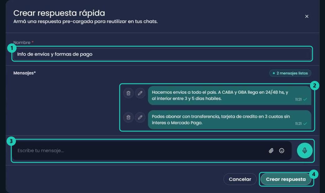 Panel Crear respuesta rápida con el nombre, la lista de mensajes ya cargados, la barra de escritura y el botón Crear respuesta