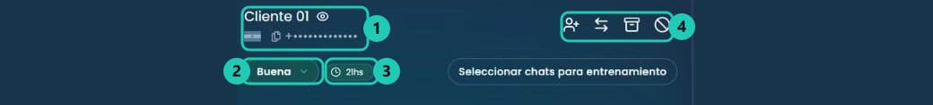 Panel superior de una conversación con el nombre, la calificación del lead y el reloj de la ventana
