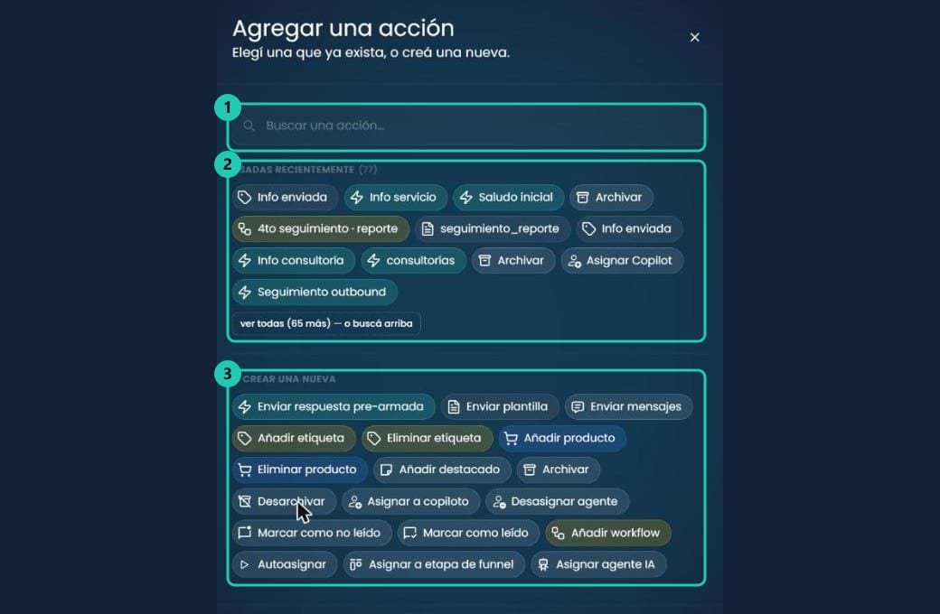 Panel Agregar una acción con el buscador, las acciones usadas recientemente y el catálogo completo para crear una nueva