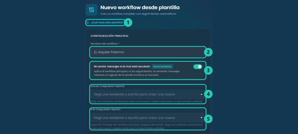 Formulario Nuevo workflow desde plantilla con el nombre, el switch de escalado y los selectores de saludo e info