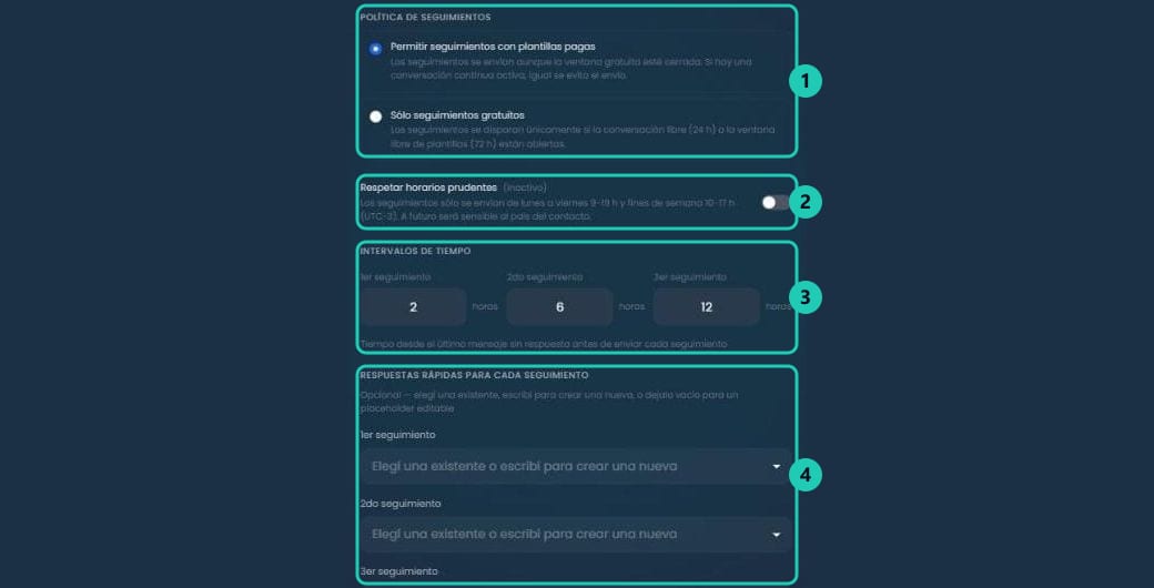 Bloque de seguimientos con la política de seguimientos, el switch de horarios prudentes, los intervalos de tiempo y las respuestas rápidas de cada seguimiento