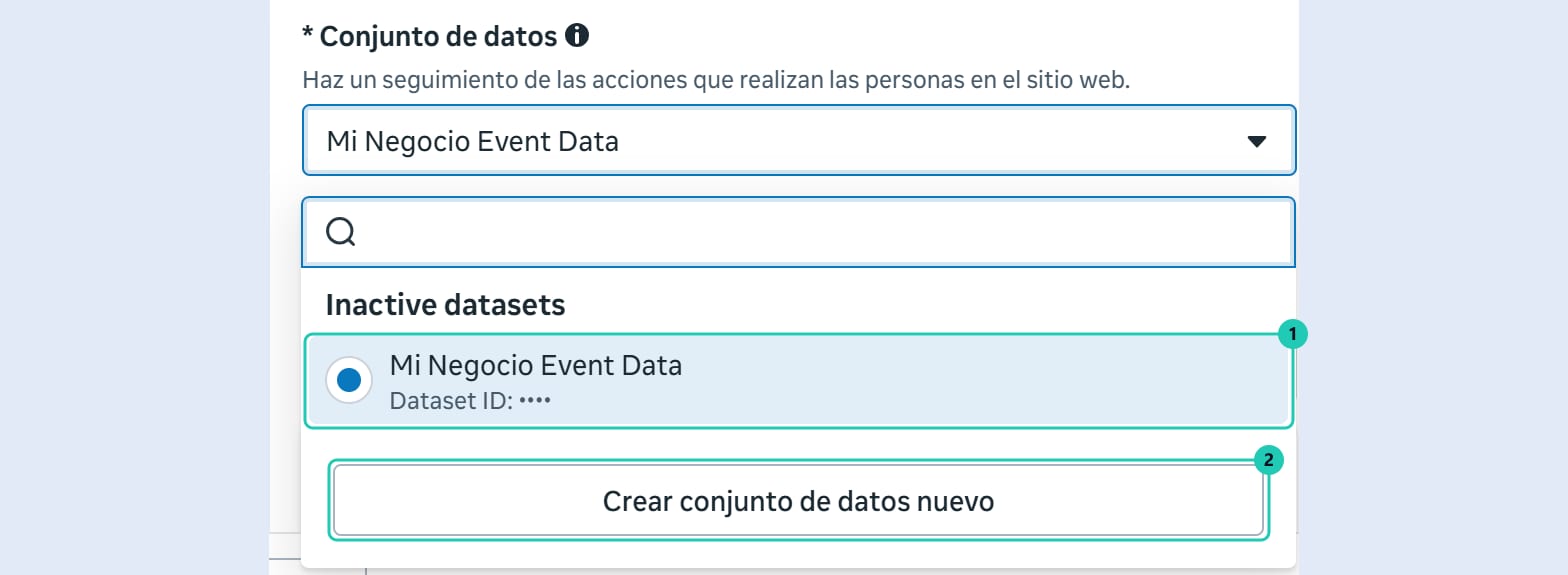 Desplegable Conjunto de datos con un dataset seleccionado y el botón Crear conjunto de datos nuevo