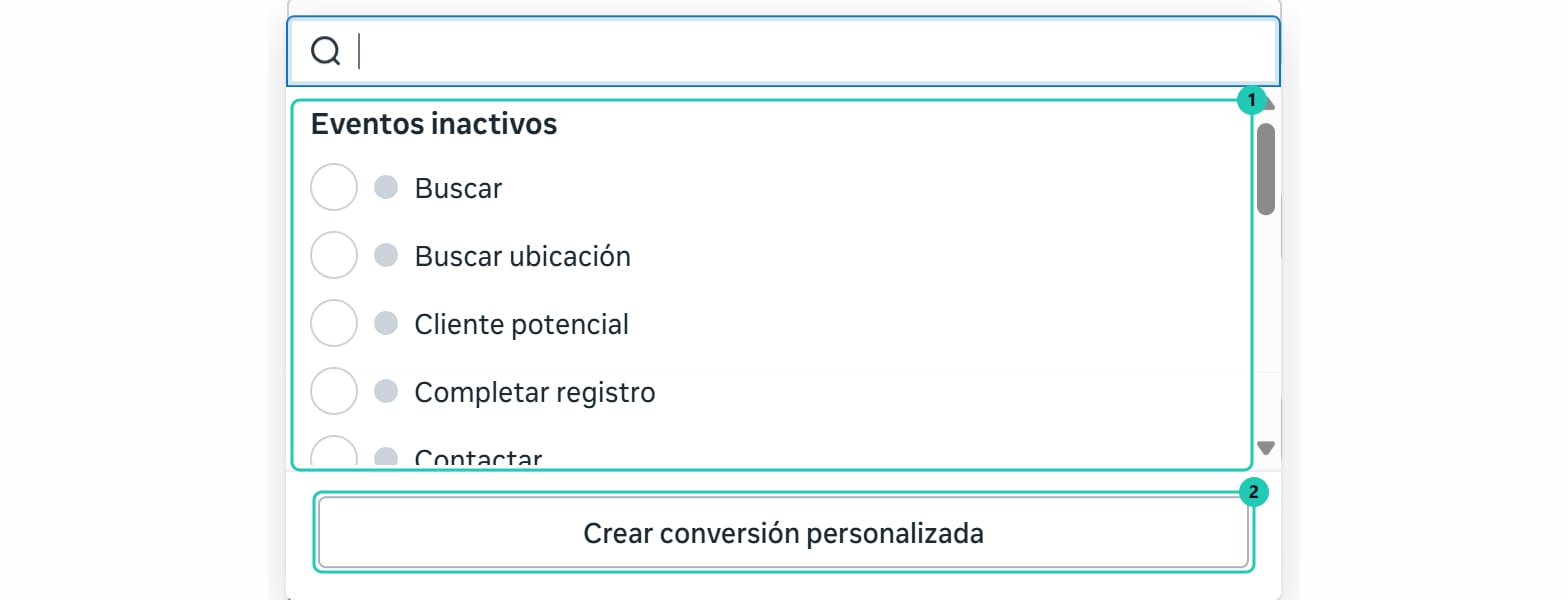 Desplegable Evento de conversión con la lista de eventos inactivos y el botón Crear conversión personalizada