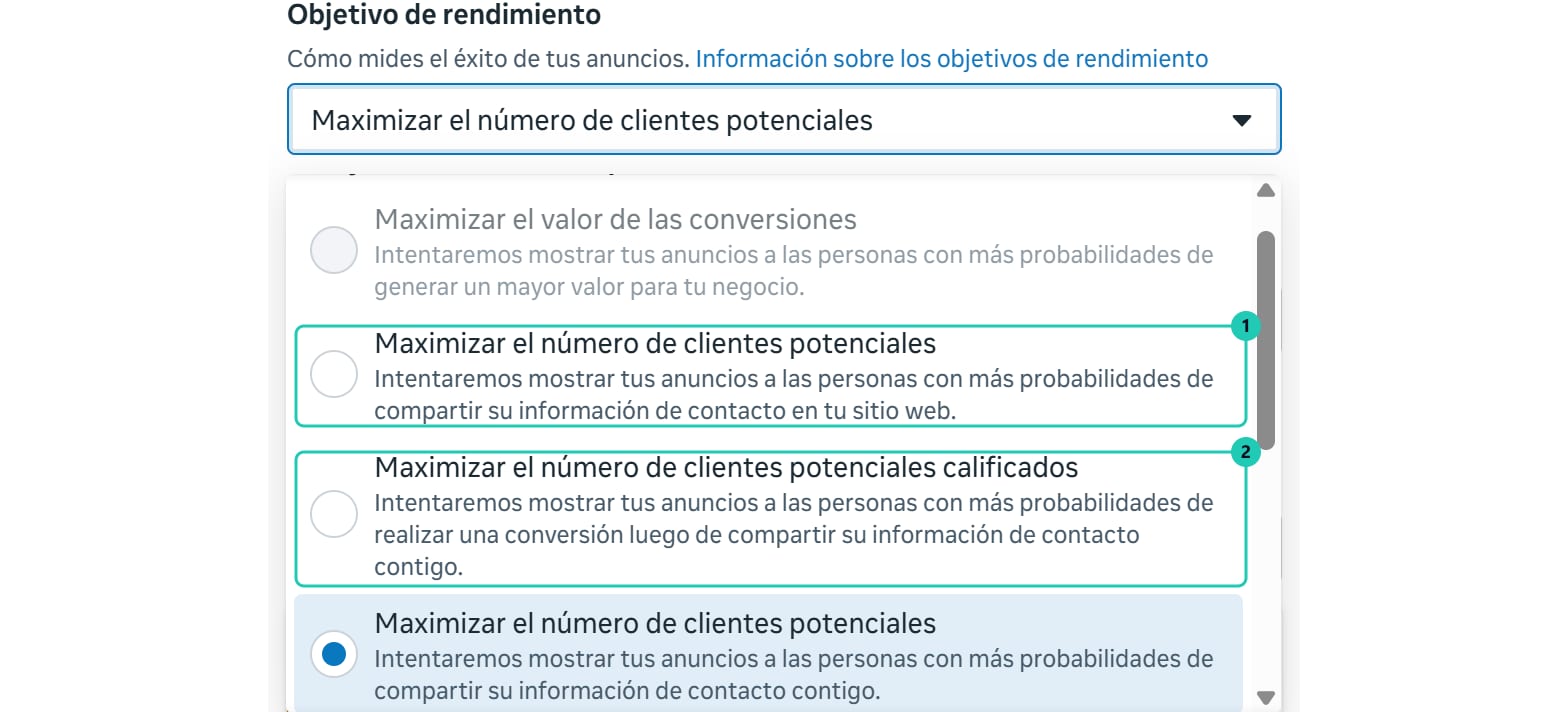 Desplegable Objetivo de rendimiento con las opciones Maximizar el número de clientes potenciales y Maximizar el número de clientes potenciales calificados