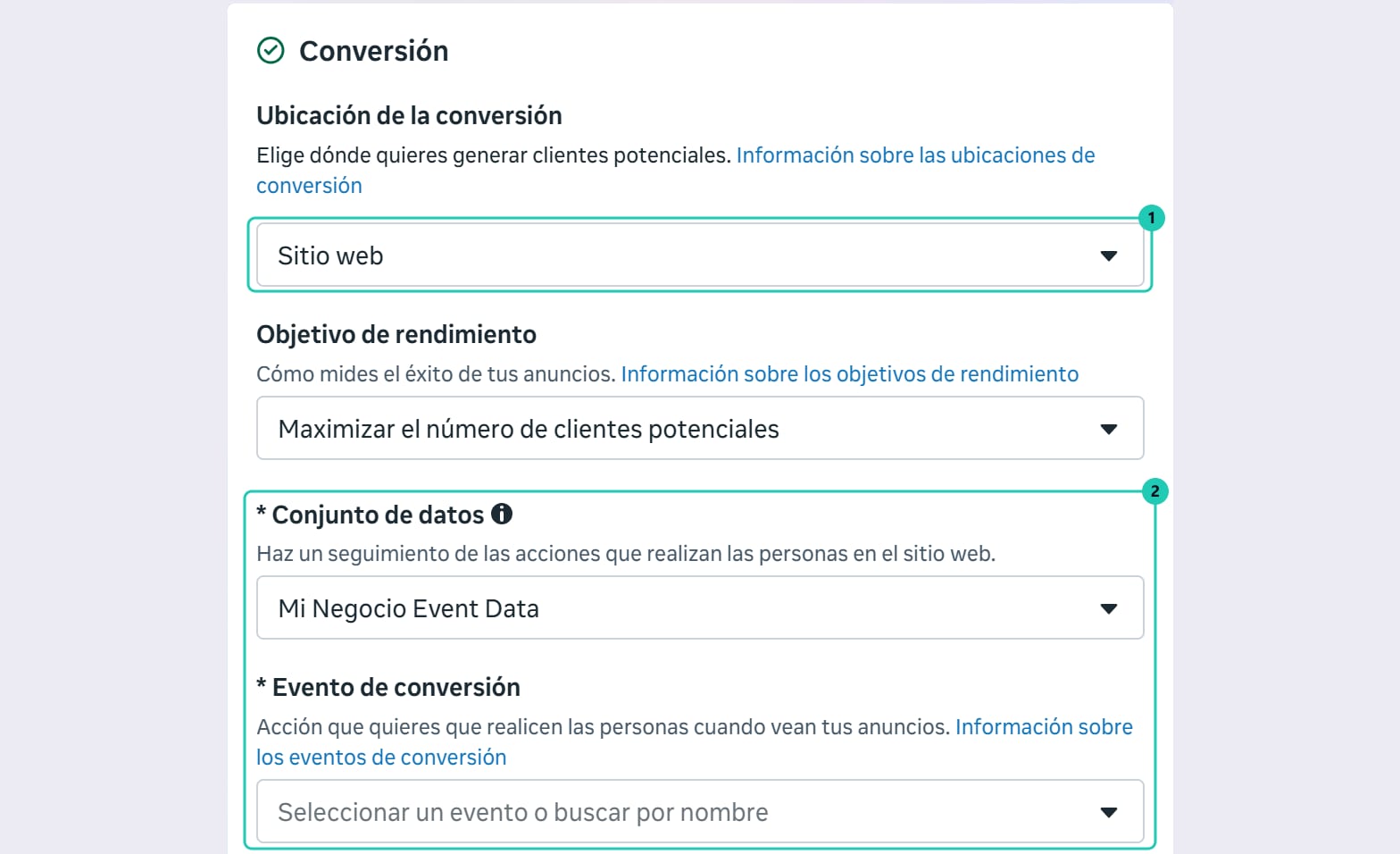 Sección Conversión del conjunto de anuncios con la ubicación Sitio web y los campos Conjunto de datos y Evento de conversión