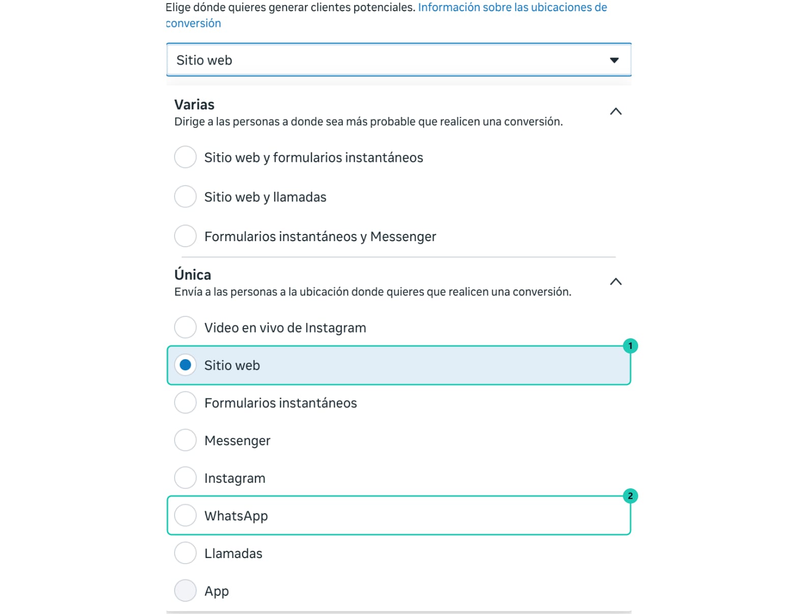 Desplegable Ubicación de la conversión en el conjunto de anuncios de Meta, con las opciones Sitio web y WhatsApp marcadas