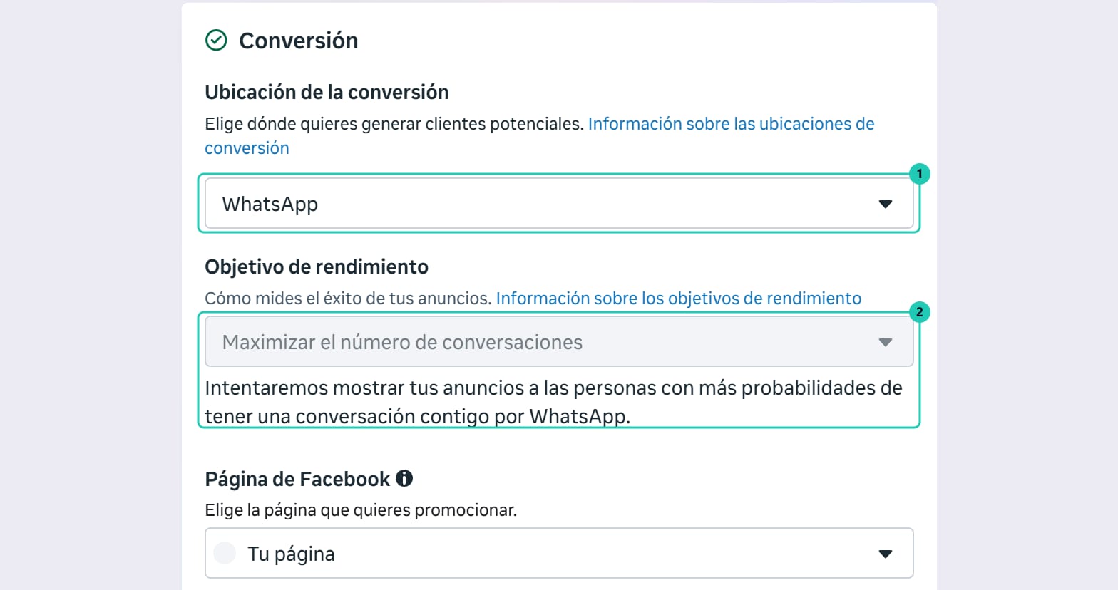 Sección Conversión de un conjunto de anuncios de Clientes potenciales con la ubicación WhatsApp y el objetivo de rendimiento bloqueado en Maximizar el número de conversaciones