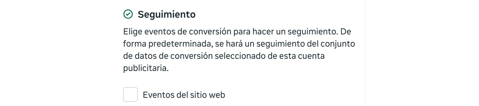 Sección Seguimiento a nivel de anuncio en Meta con la casilla Eventos del sitio web