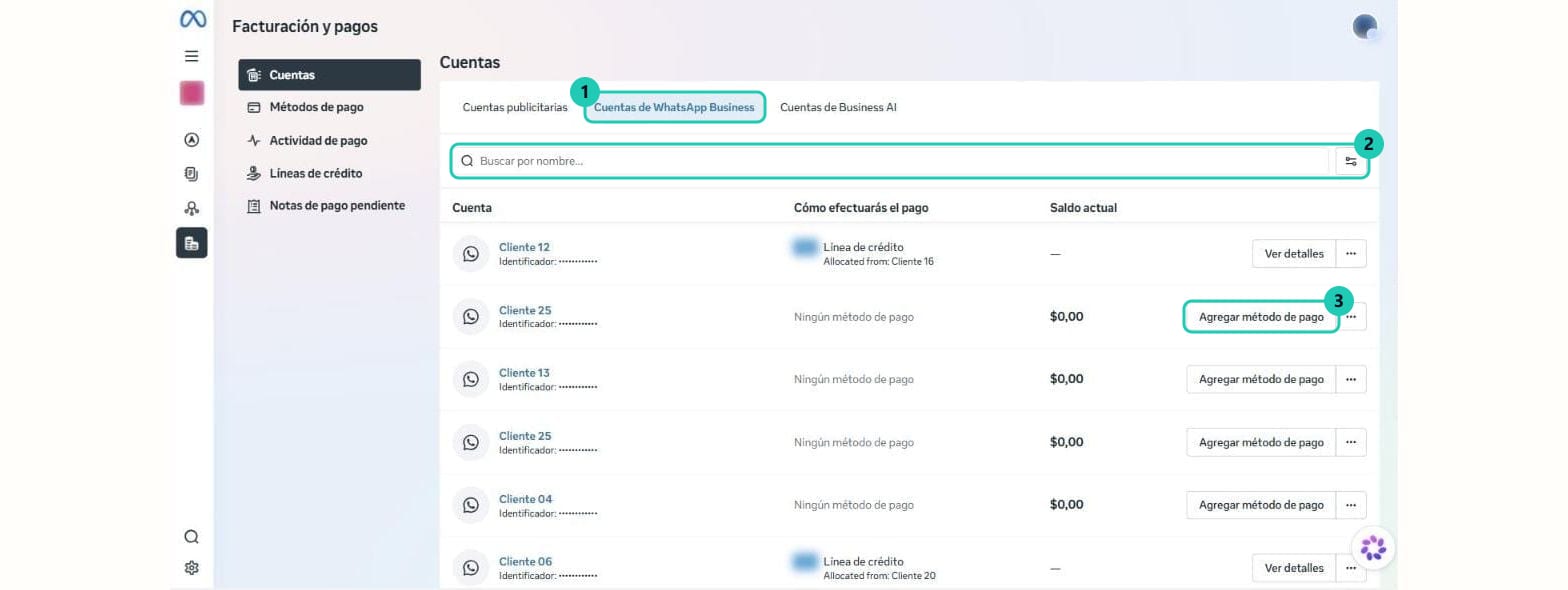 Sección Facturación y pagos de Meta en la pestaña Cuentas de WhatsApp Business, con el buscador y el listado de cuentas