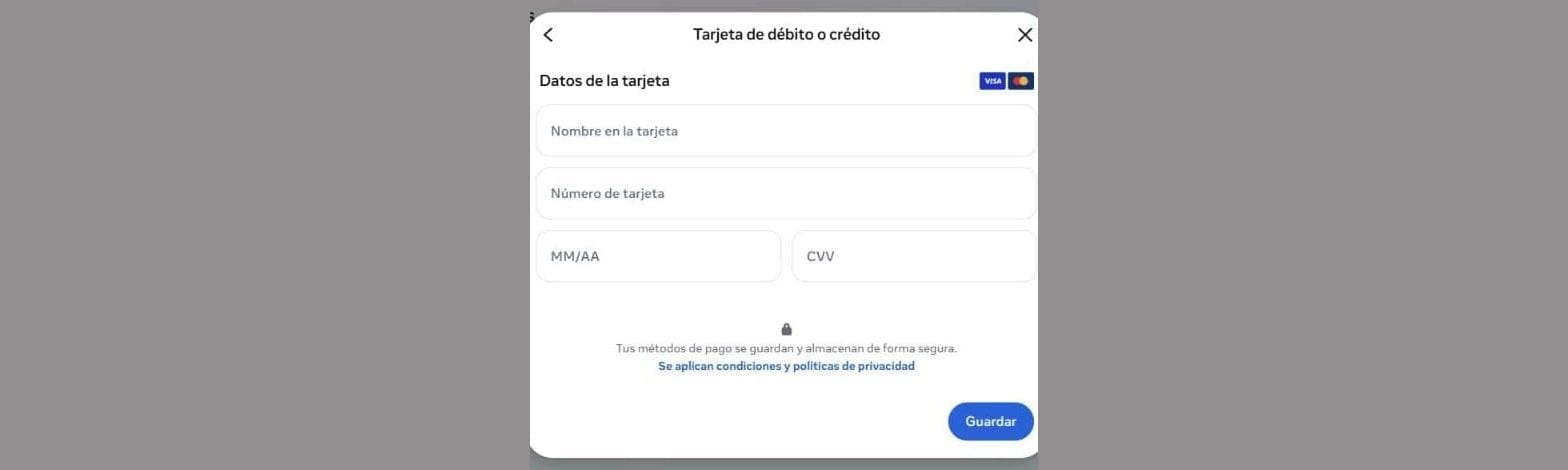 Formulario de datos de tarjeta de Meta con los campos de nombre, número, vencimiento y CVV vacíos