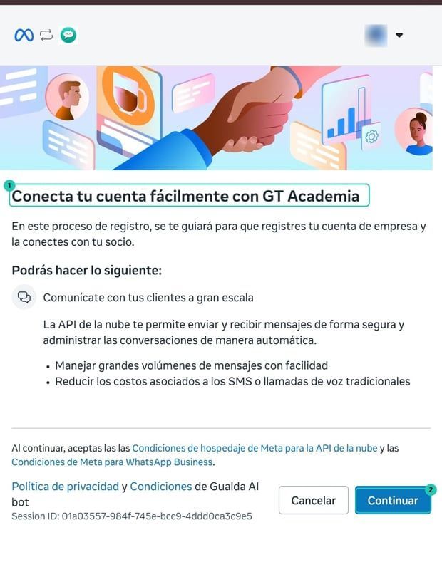 Pantalla inicial del registro de Meta con el nombre del proveedor y el botón Continuar