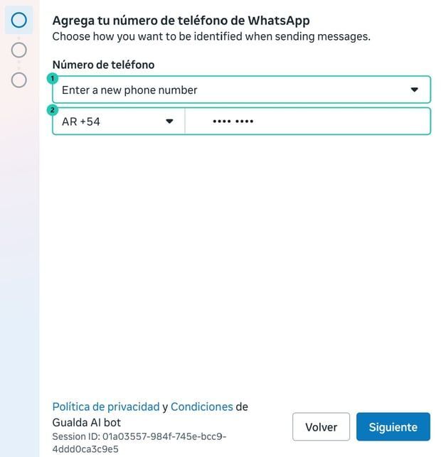 Paso de Meta para agregar el número de teléfono de WhatsApp