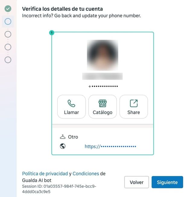 Paso de Meta que muestra el perfil de la cuenta de WhatsApp Business para verificarlo