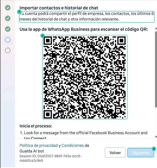 Paso de Meta con el código QR para escanear desde la app de WhatsApp Business