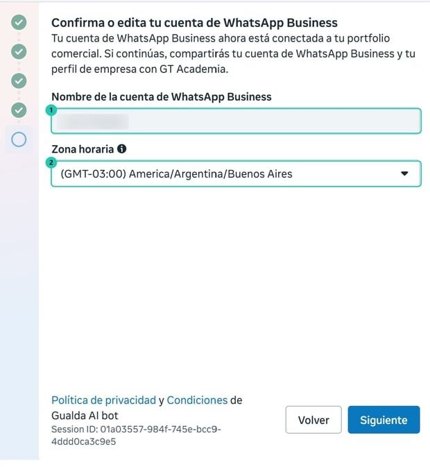 Paso de Meta para confirmar el nombre de la cuenta de WhatsApp Business y la zona horaria